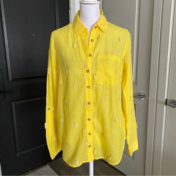 Anthropologie Brand Maeve Yellow Pineapple Appliqué Button Down Blouse Size S - Picture 1 of 8